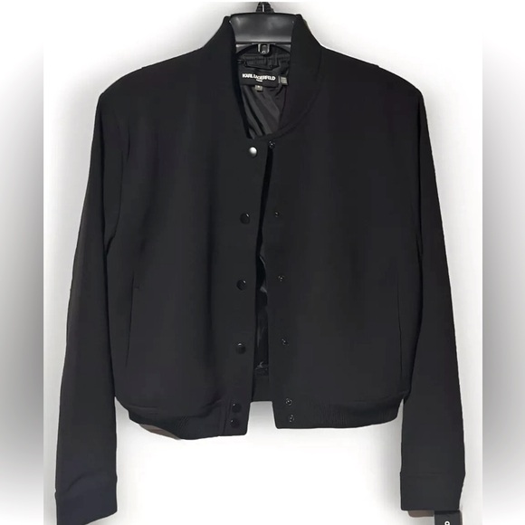 Karl Lagerfeld Paris Cropped Bomber Black Jacket Size 8 - Picture 4 of 7